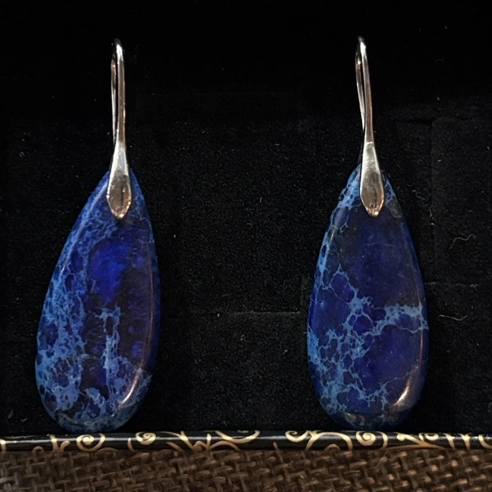 Blue Jasper Natural Gemstone Pendant Teardrop Earrings Silver Handmade Healing